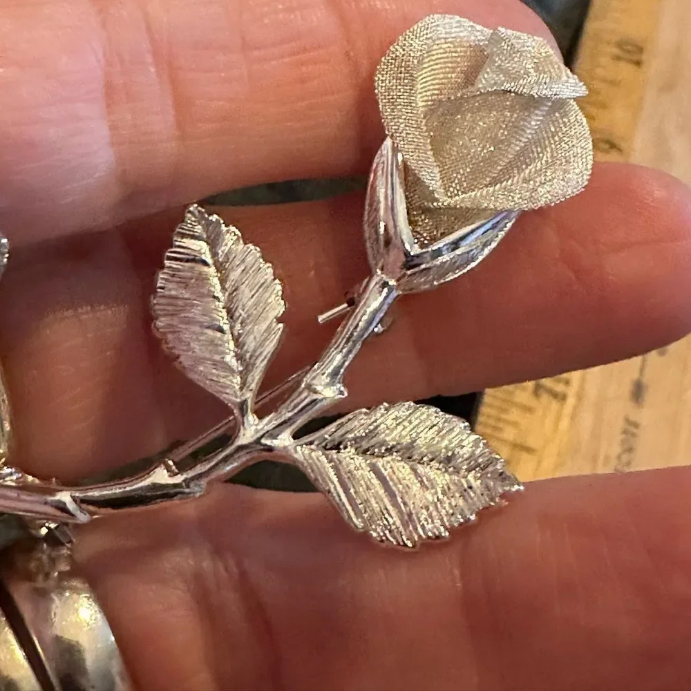 Vintage AK Anne Klein Silver Rose Brooch in Silver Tone with Mesh petals 2”